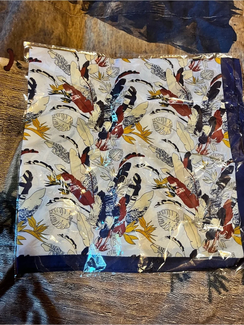 Floral Border Silk-Feel Neck Scarf in Navy and Cream